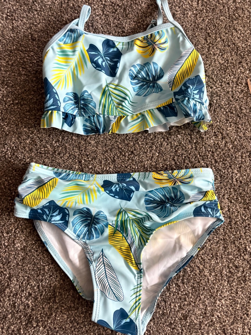 Tropical Leaf Ruffle Two-Piece Swim Set - Blue & Yellow